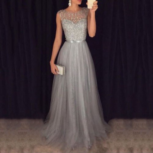 Fashion A-line Long Prom Dresses, Scoop Neck Cheap Evening Party Gowns, Tulle Beading Women Formal Dress